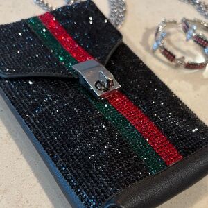 Black Crystal Crossbody Bag and Earring Set with with Red and Green Stripes/Bees